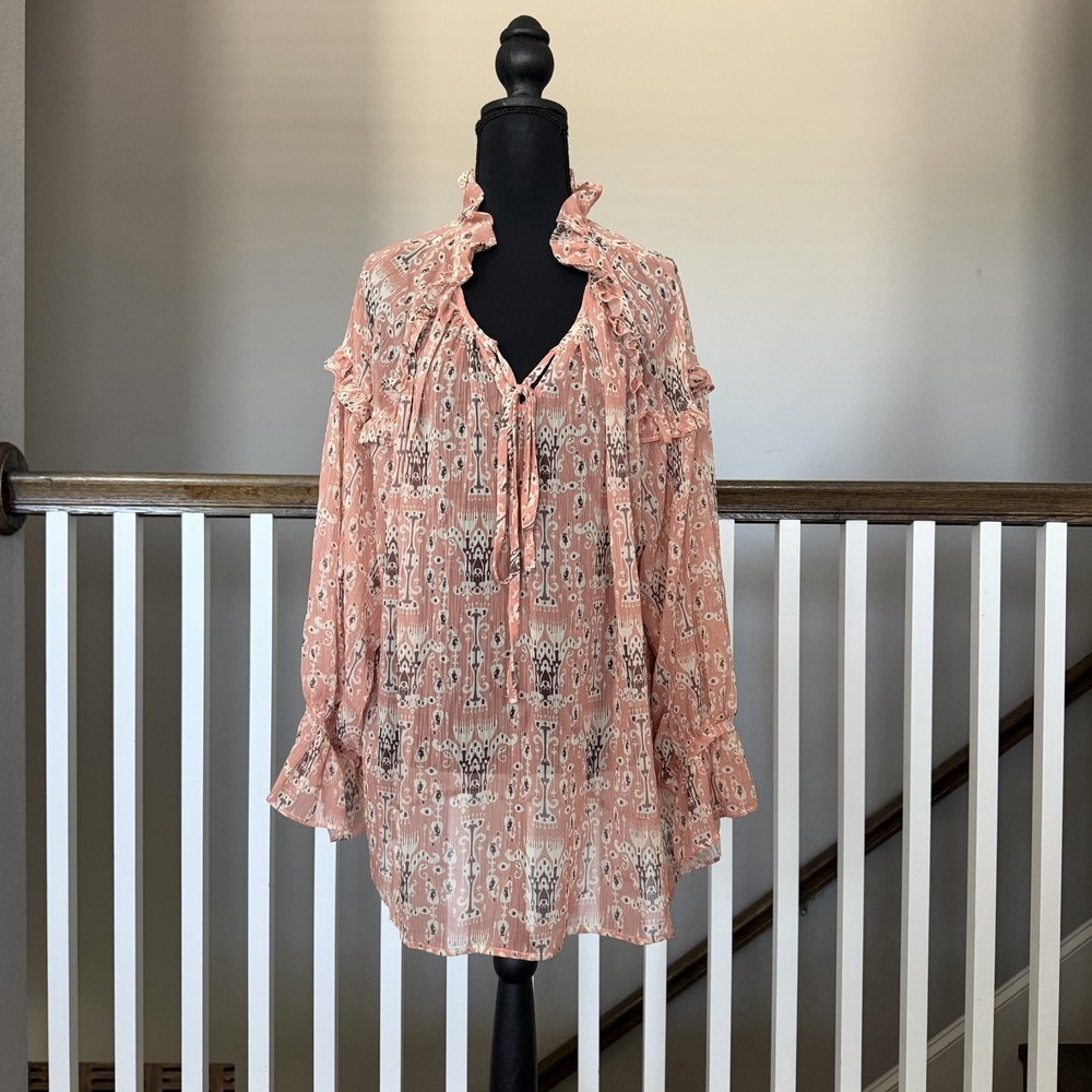 Sundance Madeline Sweet Top Blouse Peach Ruffle Boho Peasant Tie Neck Sz Large